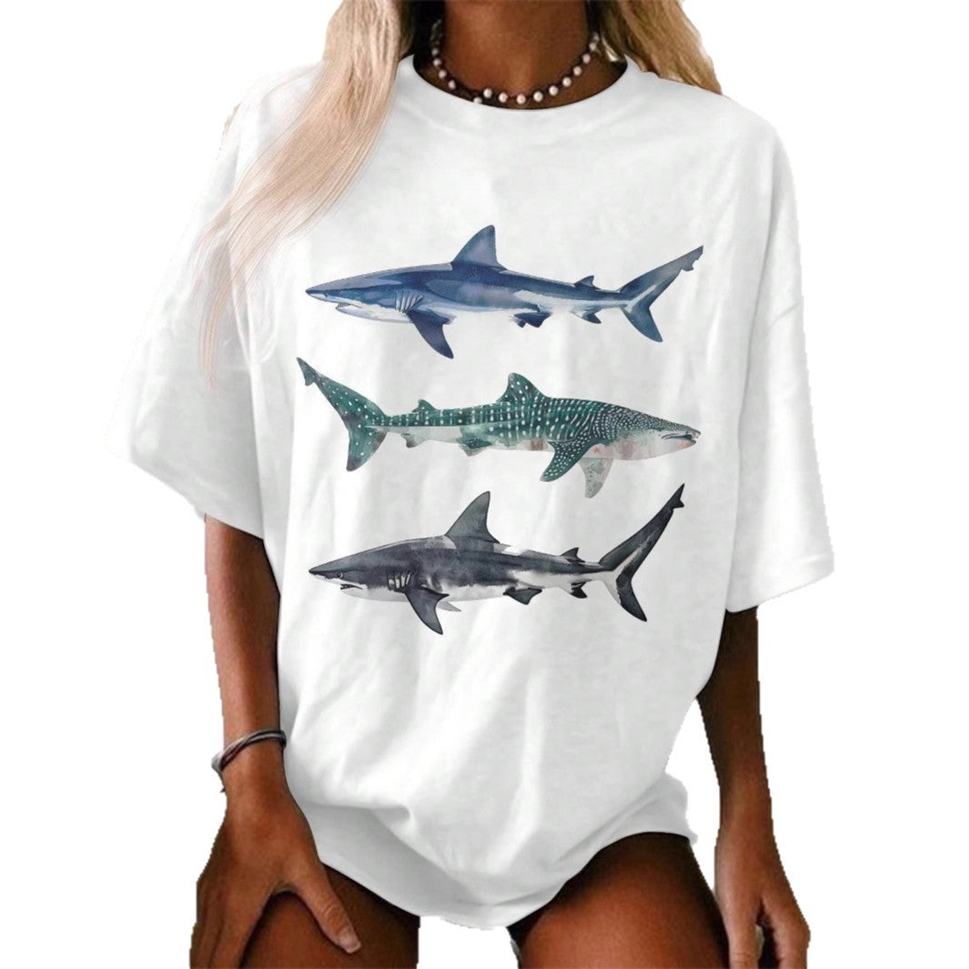 Dam T-shirt med kreativ hajmotiv och avslappnad passform Mirla-Eva Jonsson