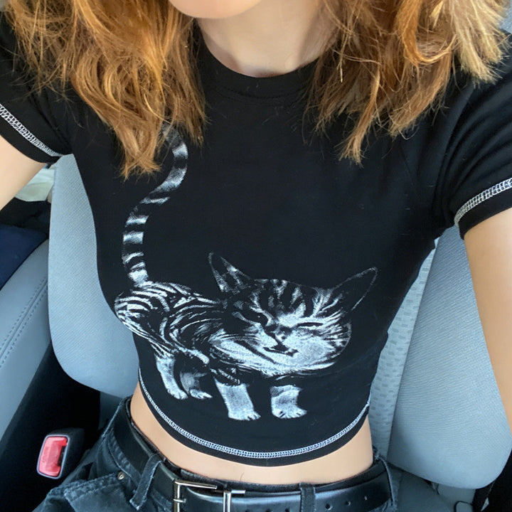 Dam T-shirt med kreativ kattmotiv Mirla-Eva Jonsson