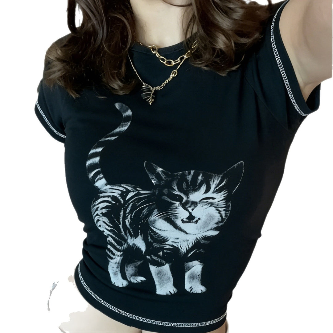 Dam T-shirt med kreativ kattmotiv Mirla-Eva Jonsson