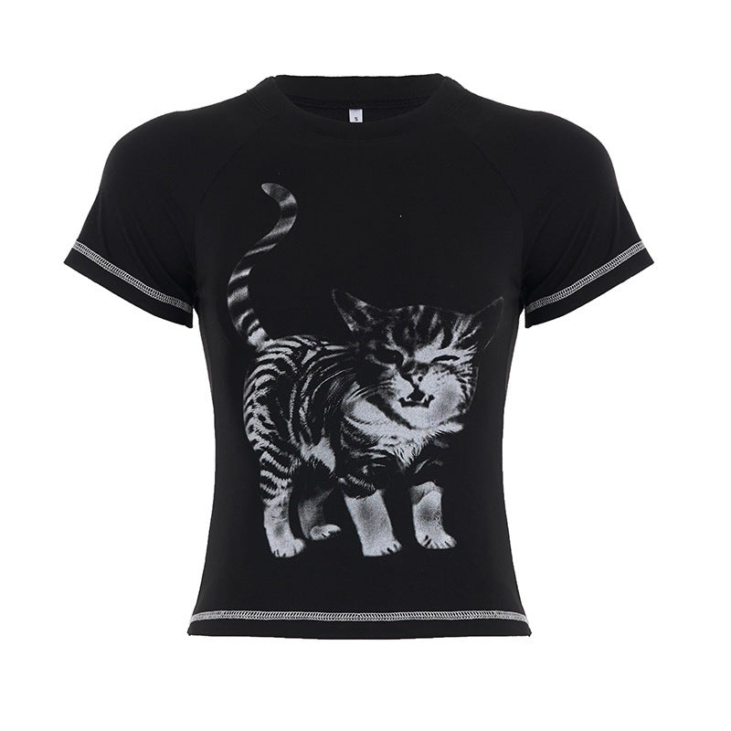 Dam T-shirt med kreativ kattmotiv Mirla-Eva Jonsson