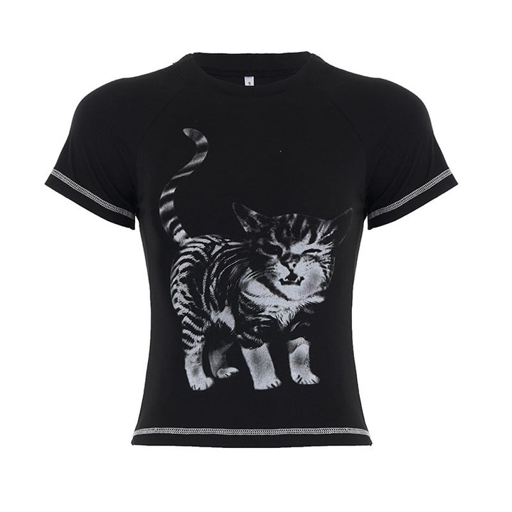 Dam T-shirt med kreativ kattmotiv Mirla-Eva Jonsson