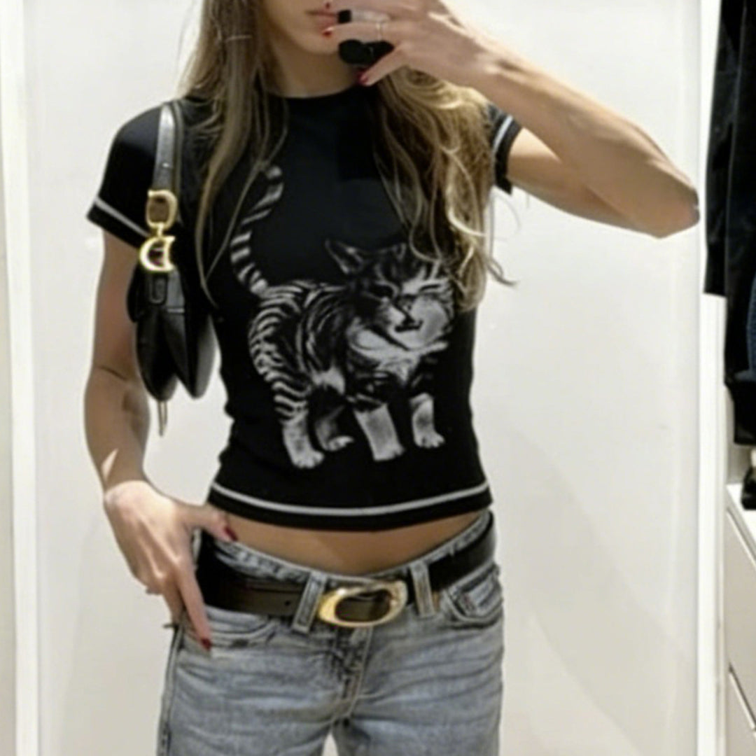 Dam T-shirt med kreativt djurtryck och högkvalitativt bomullsmaterial Mirla-Eva Jonsson