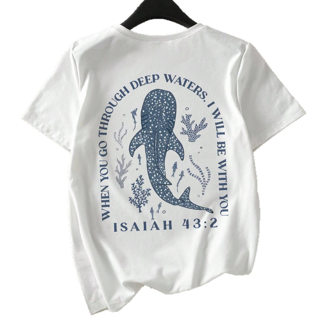 Dam T-shirt med kreativt valmotiv och konstnärligt hajmotiv Mirla-Eva Jonsson