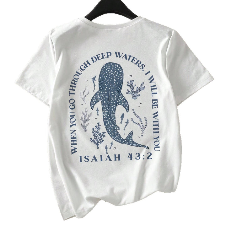 Dam T-shirt med kreativt valmotiv och konstnärligt hajmotiv Mirla-Eva Jonsson