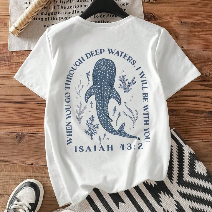 Dam T-shirt med kreativt valmotiv och konstnärligt hajmotiv Mirla-Eva Jonsson