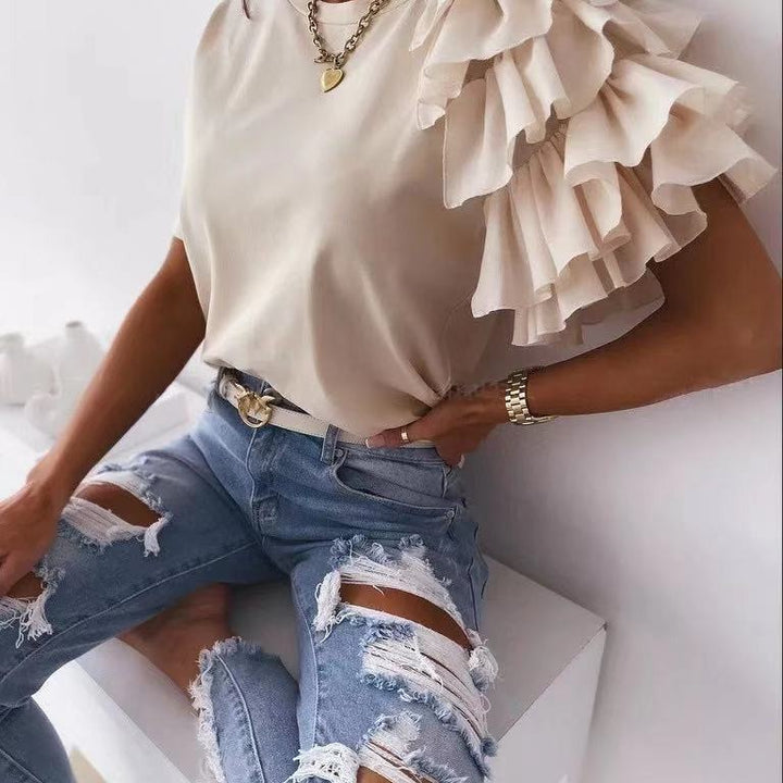 Dam T-shirt med trendiga volangdetaljer Mirla-Eva Jonsson