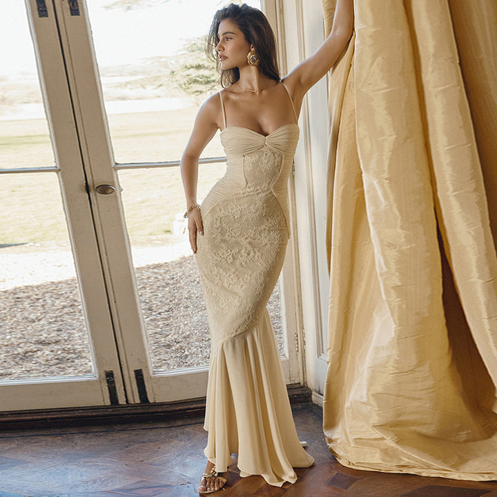 Dam Women's Figure-Hugging Maxi Dress with Spaghetti Straps and Elegant Draping Design Mirla-Eva Jonsson