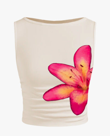 Dam ärmlös crop-top med blommönster och figurnära skärning Mirla-Eva Jonsson
