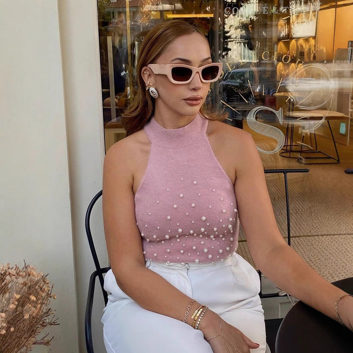 Dam ärmlös topp med dekorativa pärldetaljer Eva Jonsson-Eva Jonsson