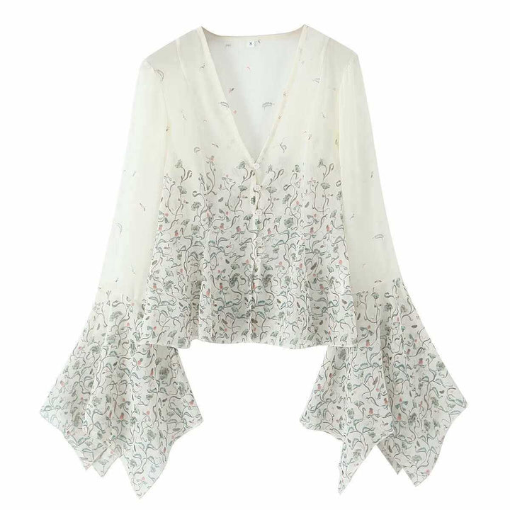 Dam avslappnad blus med eleganta klockärmar och blommönster Mirla-Eva Jonsson