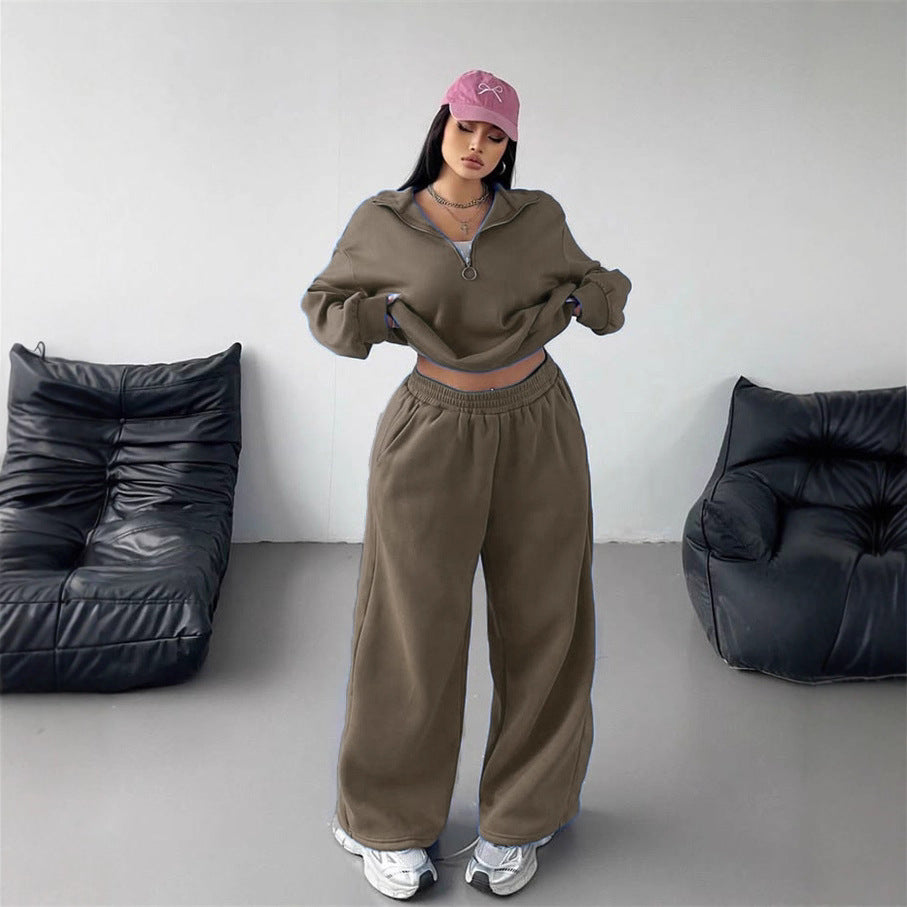 Dam bekväm fleece loungewear dräkt med lös passform och halva dragkedjan Mirla-Eva Jonsson