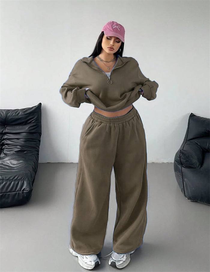 Dam bekväm fleece loungewear dräkt med lös passform och halva dragkedjan Mirla-Eva Jonsson