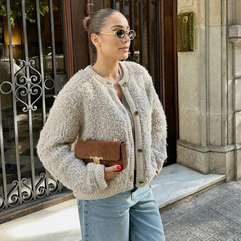 Dam blöja fleecejacka med dekorativa träknappar och elegant design Eva Jonsson-Eva Jonsson