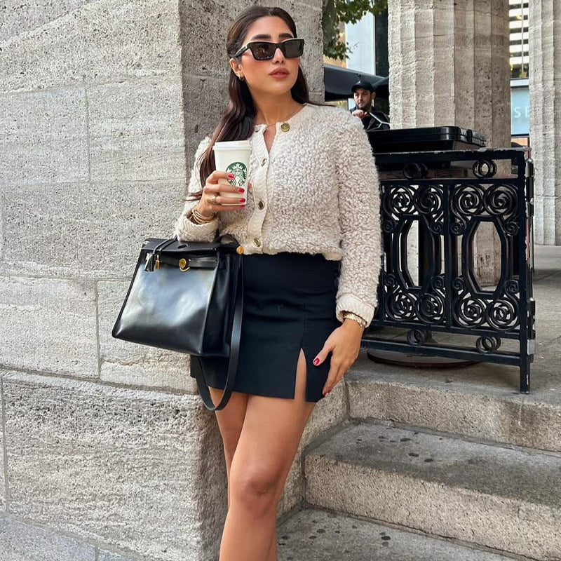 Dam blöja fleecejacka med dekorativa träknappar och elegant design Eva Jonsson-Eva Jonsson