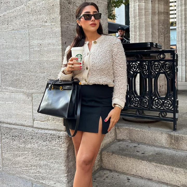 Dam blöja fleecejacka med dekorativa träknappar och elegant design Eva Jonsson-Eva Jonsson