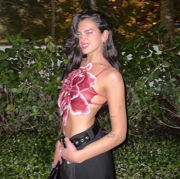 Dam blommor-crop-top med 3D blomsterapplikationer och genomskinlig tyg Mirla-Eva Jonsson