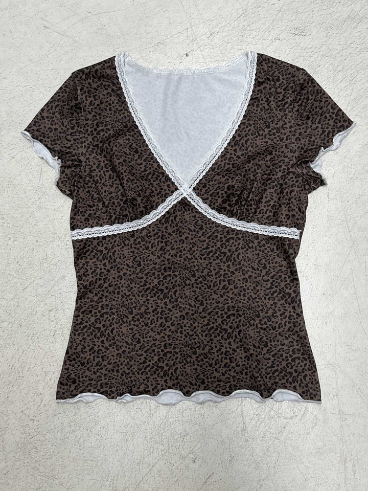 Dam blouse med leopardmönster och spetsdetaljer Mirla-Eva Jonsson