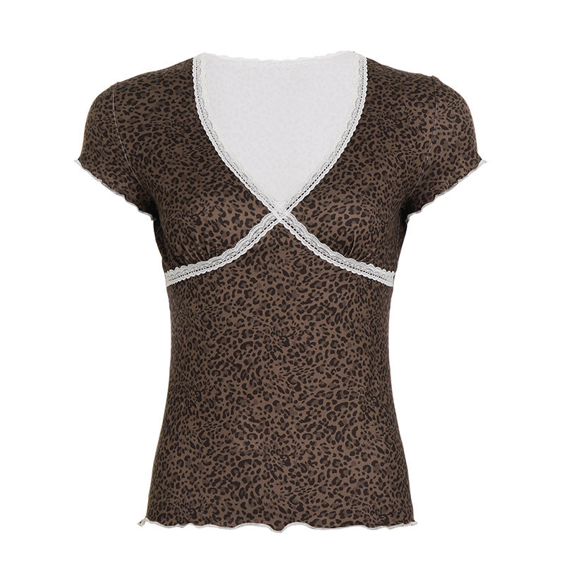 Dam blouse med leopardmönster och spetsdetaljer Mirla-Eva Jonsson