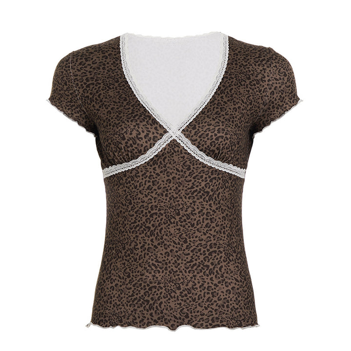 Dam blouse med leopardmönster och spetsdetaljer Mirla-Eva Jonsson