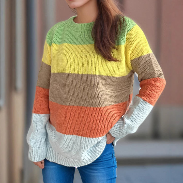 Dam casual stickad tröja med färgglada blockränder och lös passform Eva Jonsson-Eva Jonsson