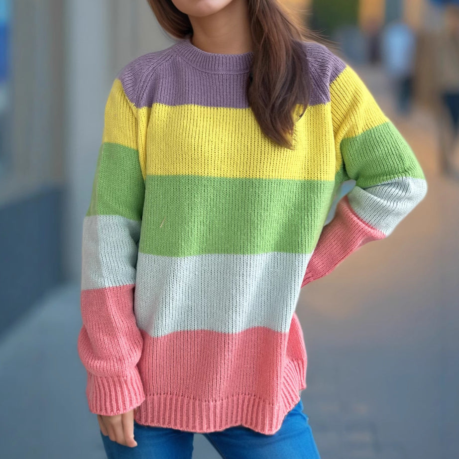 Dam casual stickad tröja med färgglada blockränder och lös passform Eva Jonsson-Eva Jonsson