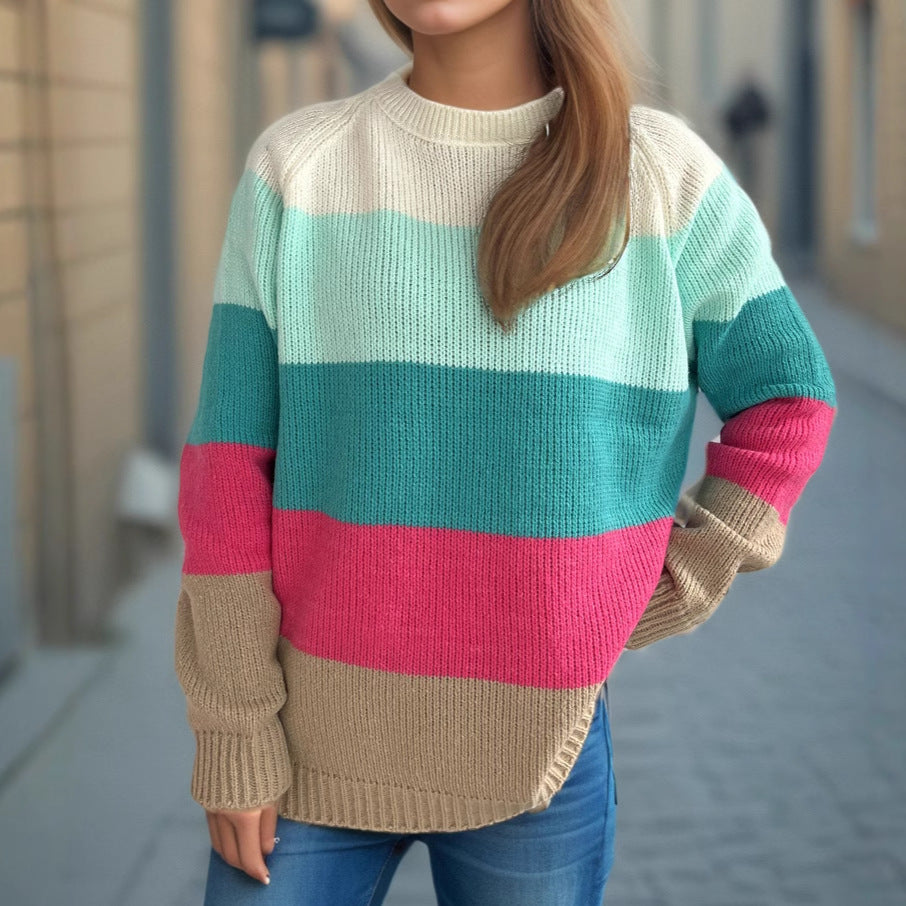 Dam casual stickad tröja med färgglada blockränder och lös passform Eva Jonsson-Eva Jonsson