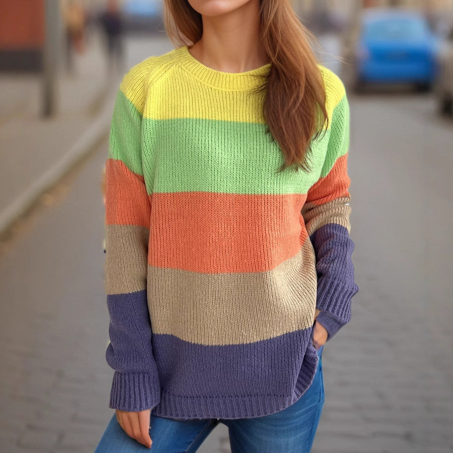 Dam casual stickad tröja med färgglada blockränder och lös passform Eva Jonsson-Eva Jonsson