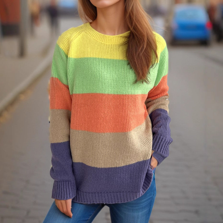 Dam casual stickad tröja med färgglada blockränder och lös passform Eva Jonsson-Eva Jonsson