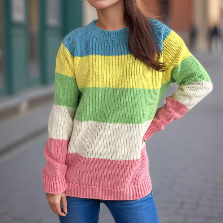 Dam casual stickad tröja med färgglada blockränder och lös passform Eva Jonsson-Eva Jonsson