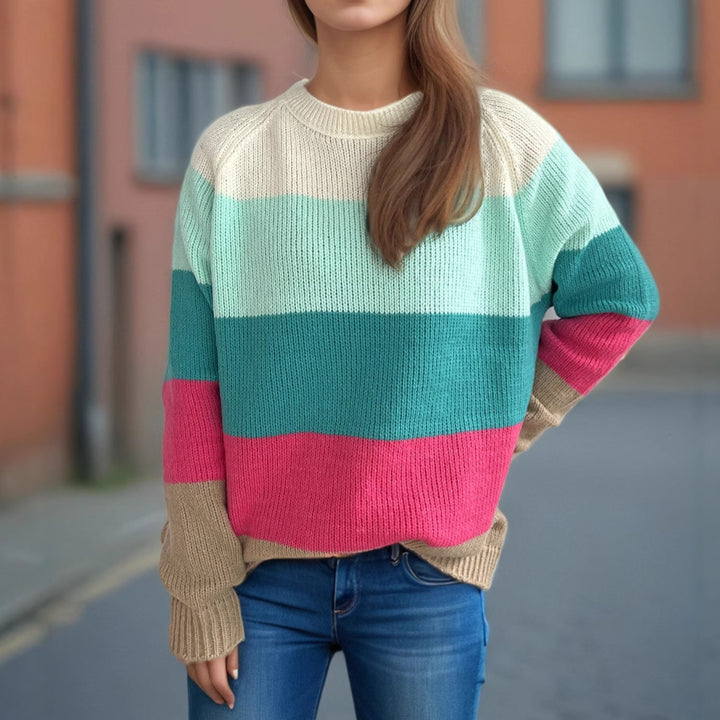 Dam casual stickad tröja med färgglada blockränder och lös passform Eva Jonsson-Eva Jonsson