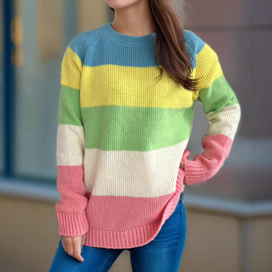 Dam casual stickad tröja med färgglada blockränder och lös passform Eva Jonsson-Eva Jonsson