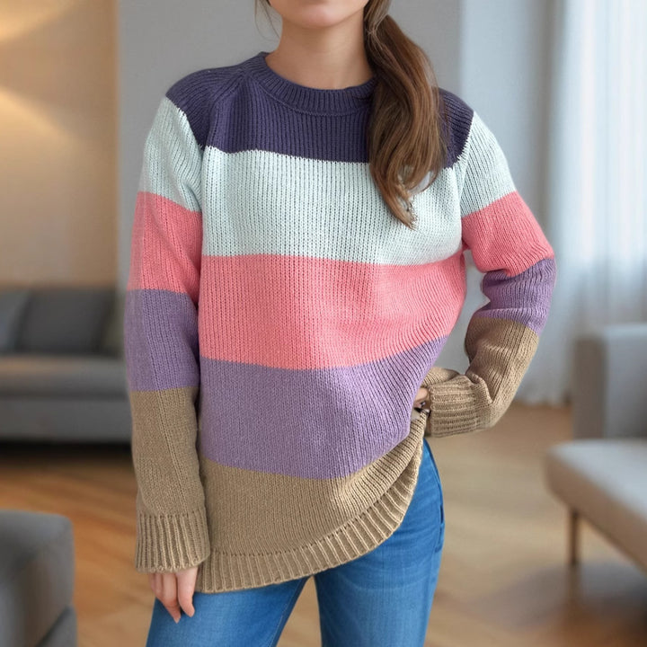 Dam casual stickad tröja med färgglada blockränder och lös passform Eva Jonsson-Eva Jonsson