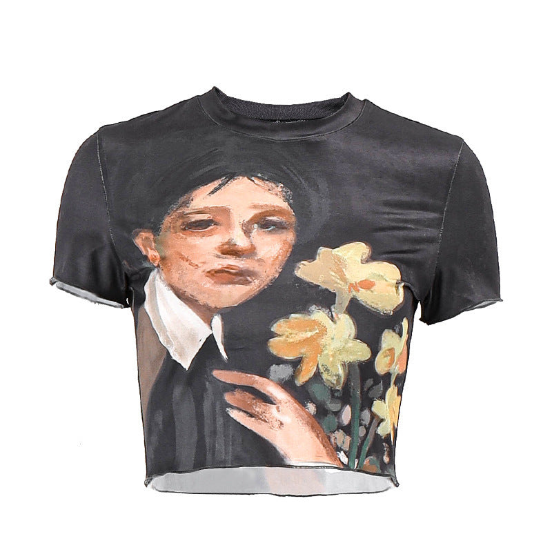 Dam cropped T-shirt med konstnärlig tryck och figurnära passform Mirla-Eva Jonsson