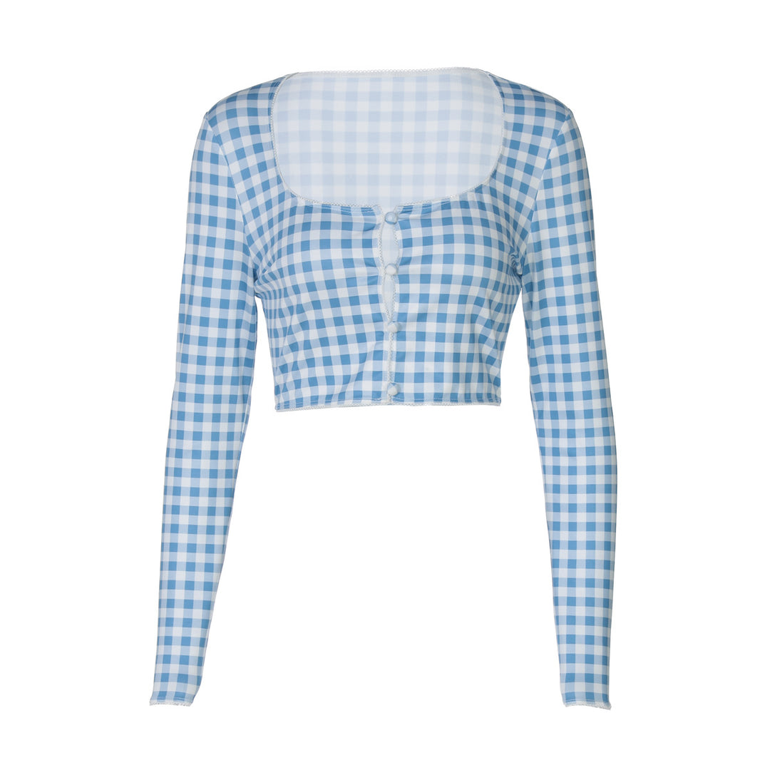 Dam cropped långärmad blus med rutmönster Mirla-Eva Jonsson