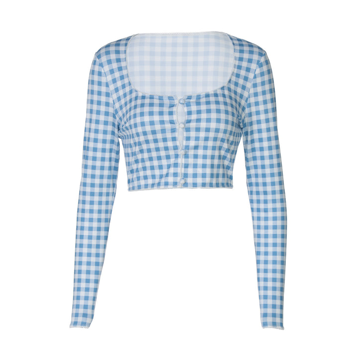 Dam cropped långärmad blus med rutmönster Mirla-Eva Jonsson