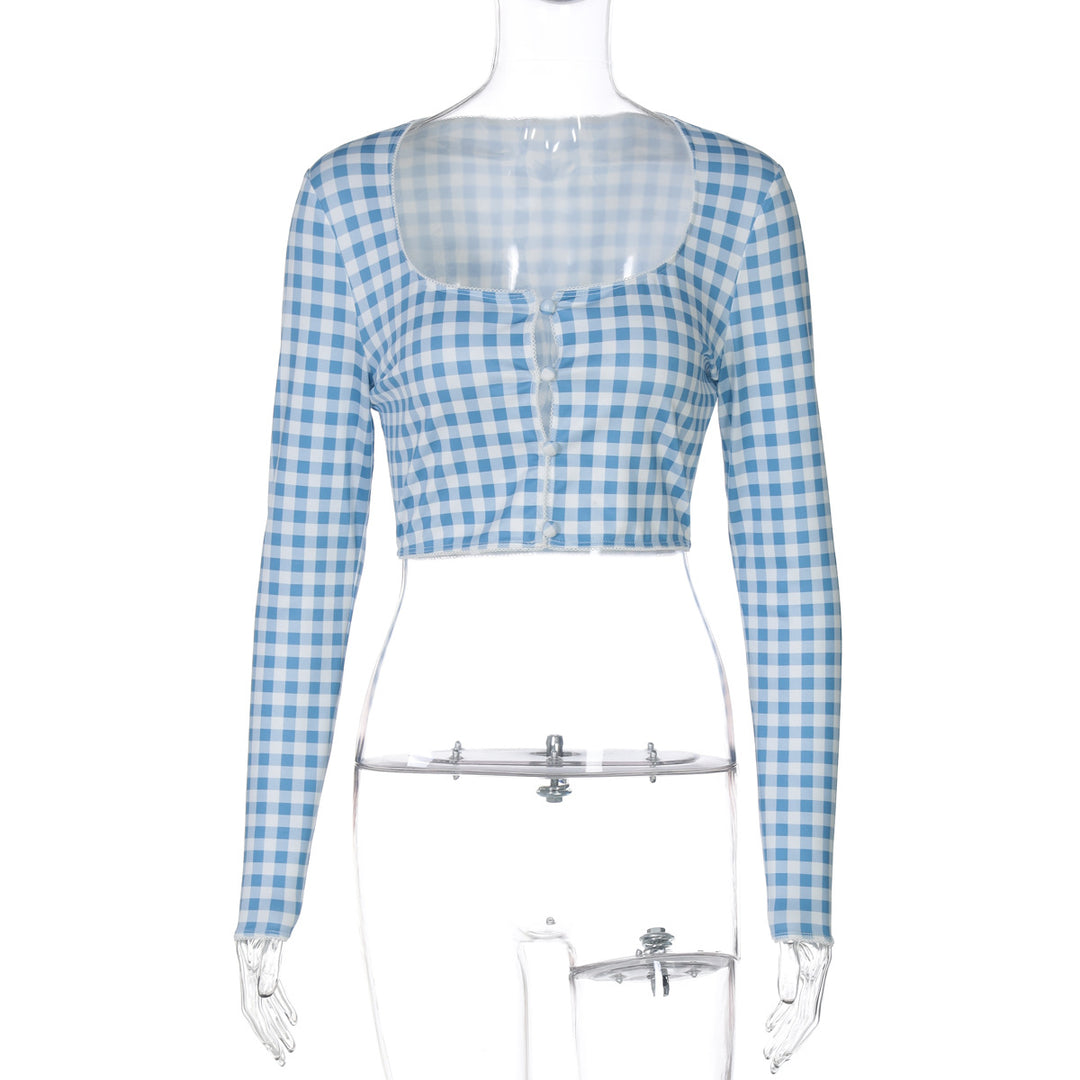 Dam cropped långärmad blus med rutmönster Mirla-Eva Jonsson