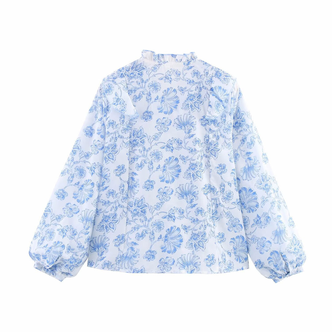 Dam elegant blus med volanger och blommönster Mirla-Eva Jonsson