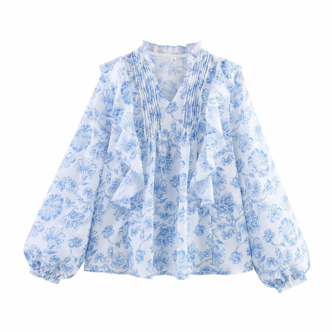 Dam elegant blus med volanger och blommönster Mirla-Eva Jonsson