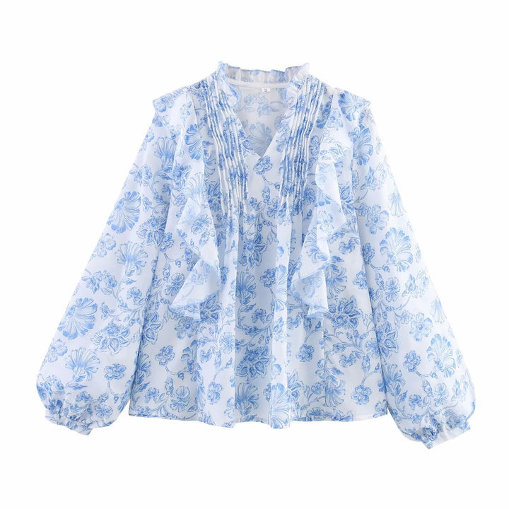 Dam elegant blus med volanger och blommönster Mirla-Eva Jonsson
