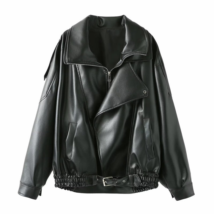 Dam elegant konstläderjacka med hög krage och midjebälte Eva Jonsson-Eva Jonsson