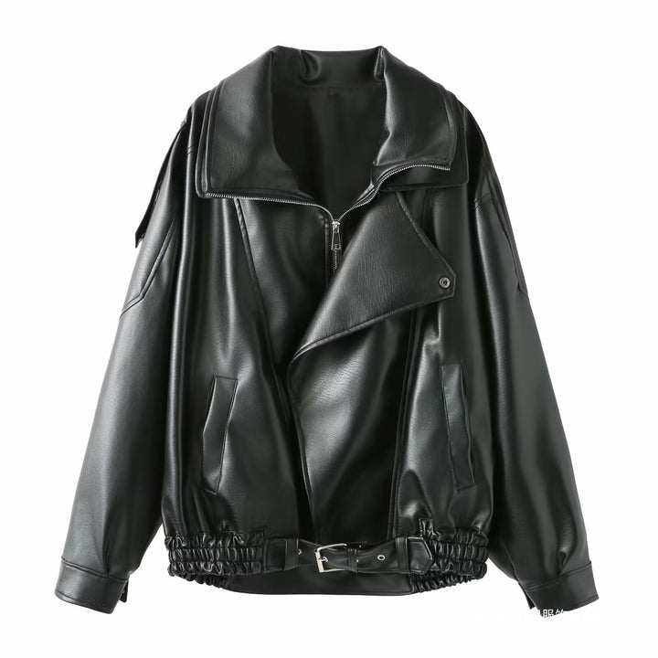 Dam elegant konstläderjacka med hög krage och midjebälte Eva Jonsson-Eva Jonsson