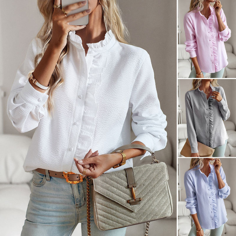 Dam elegant långärmad blus med volangdetaljer och knappslå Mirla-Eva Jonsson