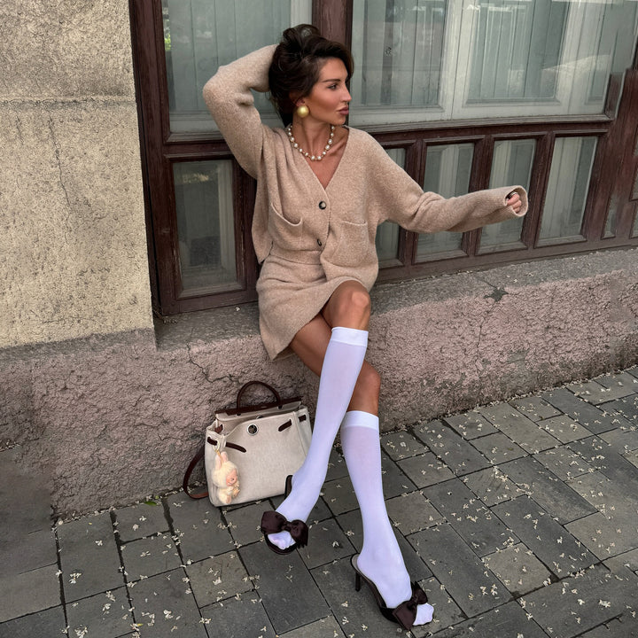 Dam elegant stickad ensemble med öppen cardigan och matchande kjol Mirla-Eva Jonsson