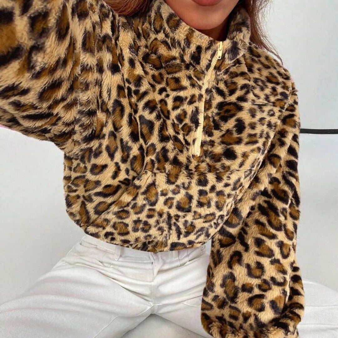 Dam fleece-pullover med leopardmönster Mirla-Eva Jonsson