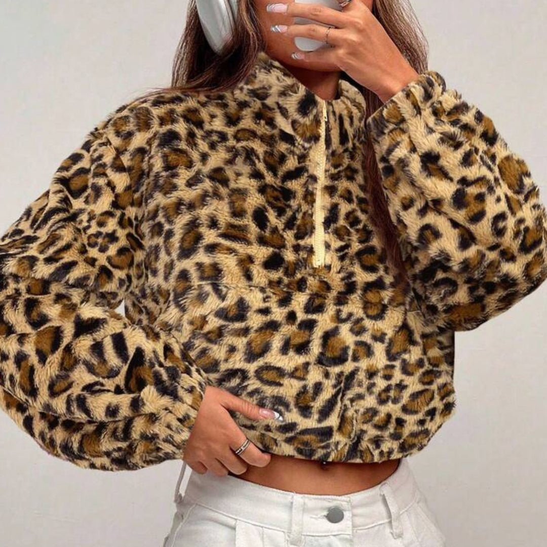 Dam fleece-pullover med leopardmönster Mirla-Eva Jonsson