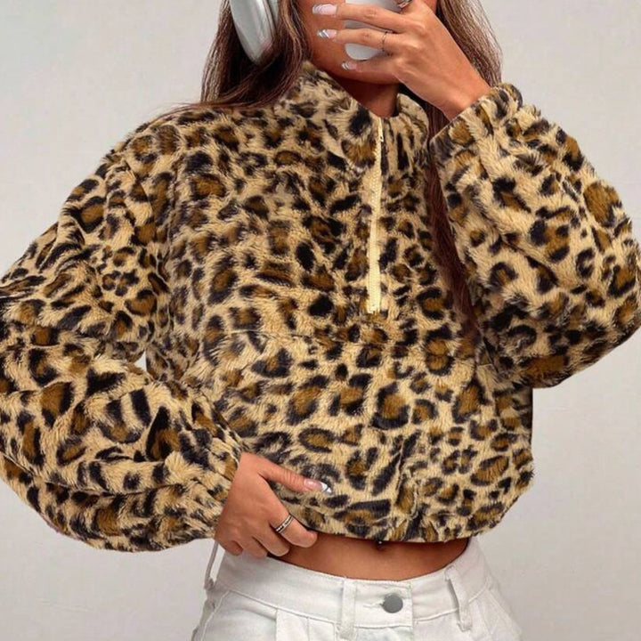Dam fleece-pullover med leopardmönster Mirla-Eva Jonsson