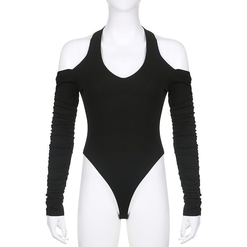 Dam kroppsnära långärmad bodysuit med djup V-ringning och raffinerade volangdetaljer Mirla-Eva Jonsson