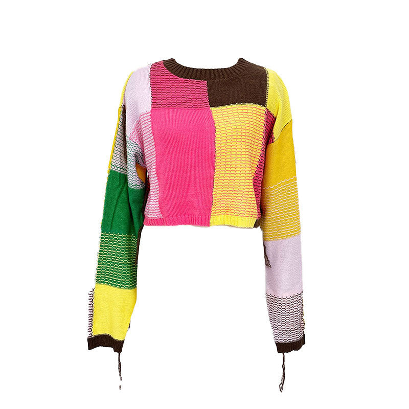 Dam kvinna modig cropped tröja med färgglad patchwork-design Mirla-Eva Jonsson