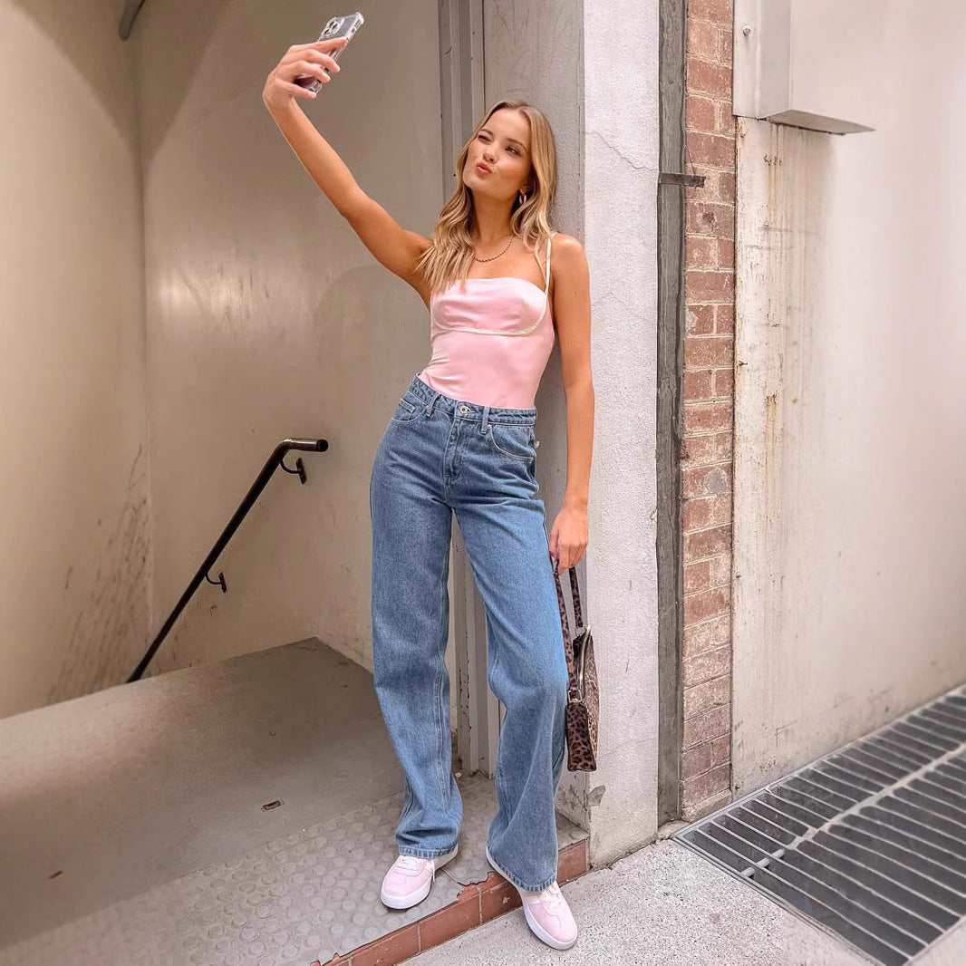 Dam kvinnor hög midja jeans med breda ben och klassisk passform Mirla-Eva Jonsson