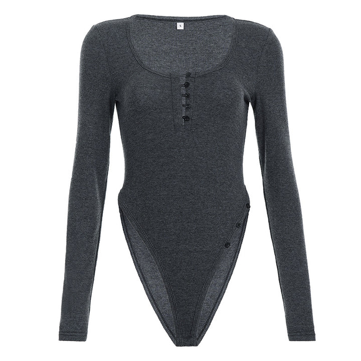 Dam långärmad bodysuit med djup V-ringning och knappdetaljer Mirla-Eva Jonsson
